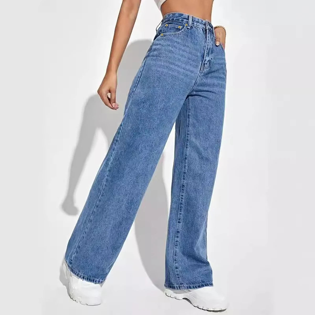 calças femininas  jeans de corte direto, cintura média