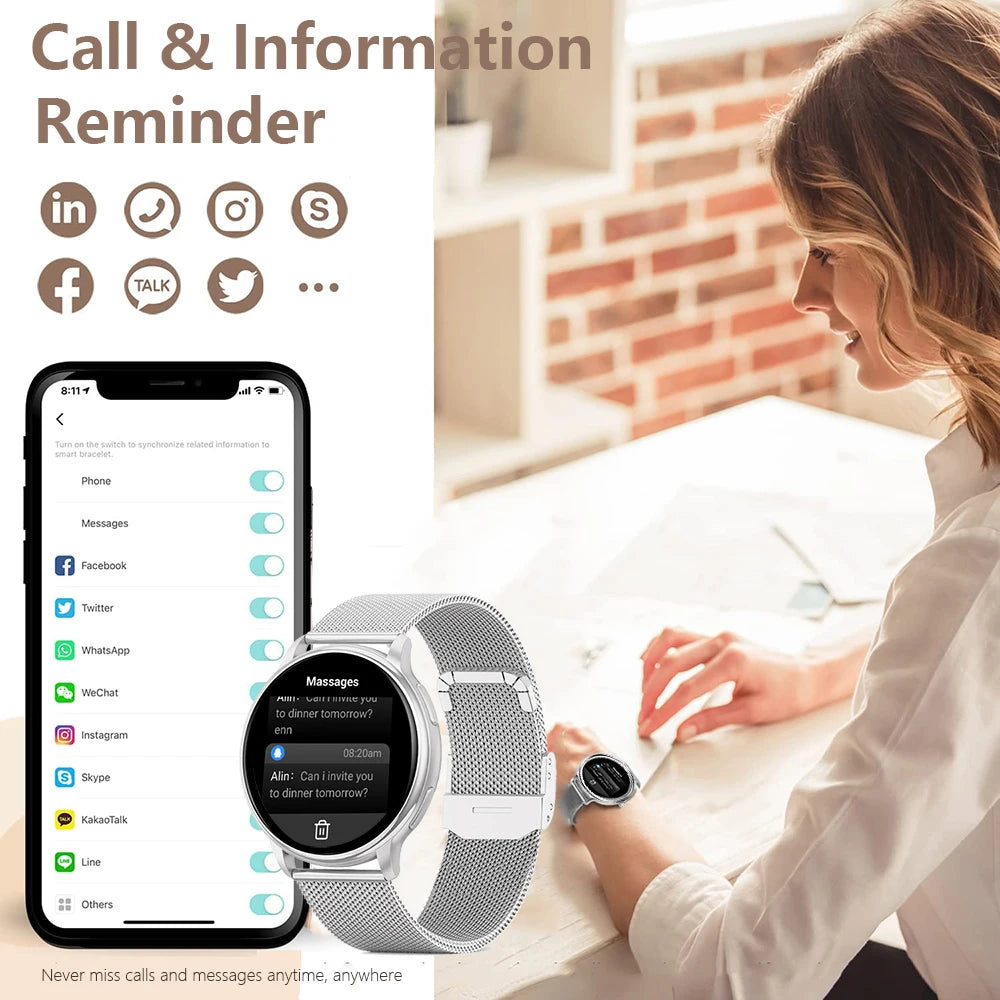 Relógio com chamada inteligente  via Bluetooth para mulheres