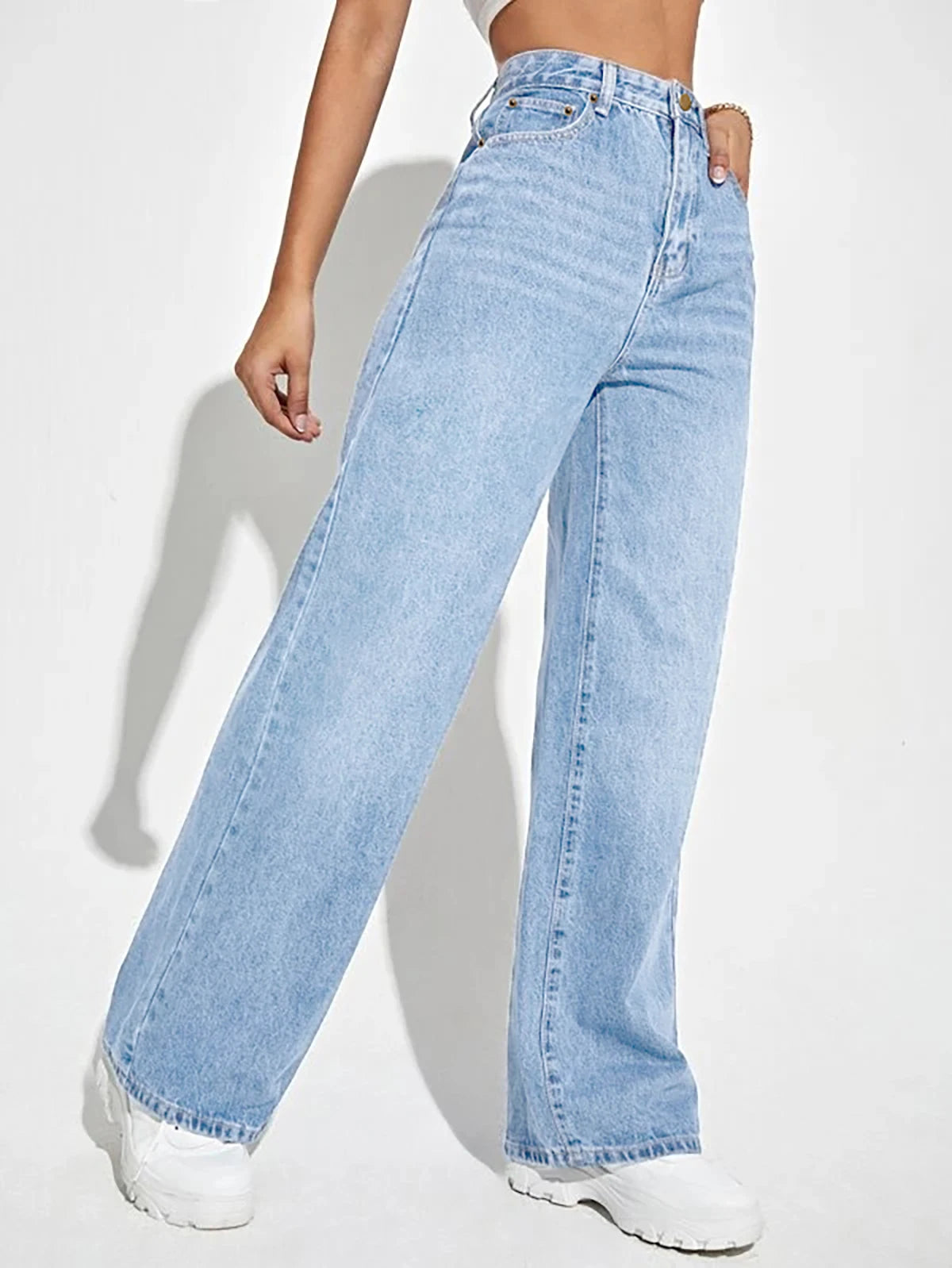 calças femininas  jeans de corte direto, cintura média