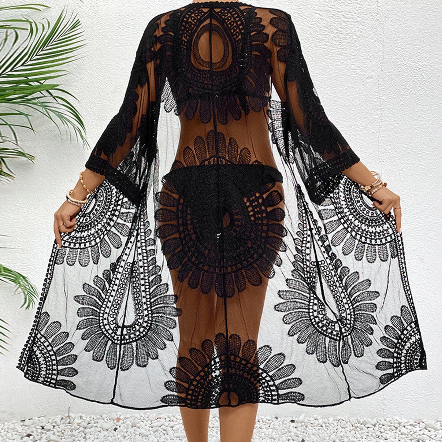 Saída de praia de praia de renda transparente com bordado floral e kimono