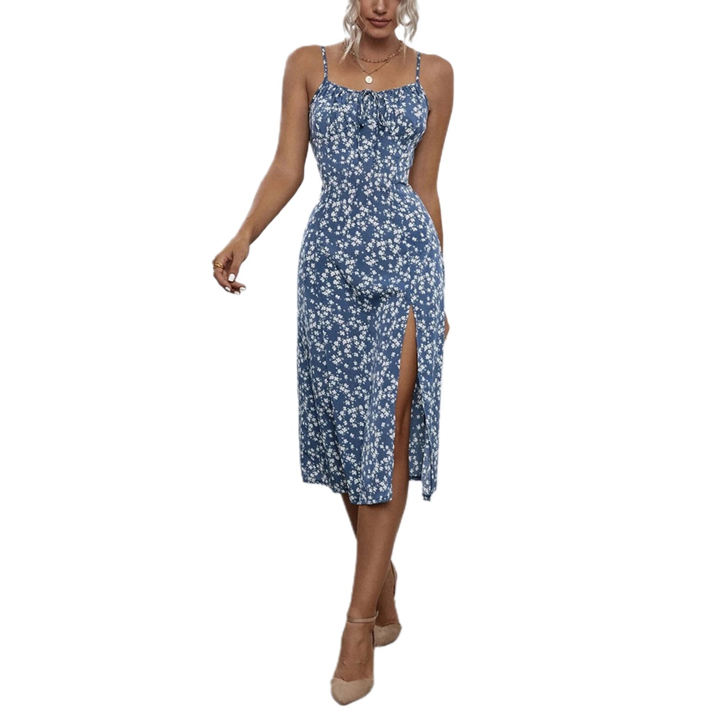 Vestido feminino modelo camponesa,  modelo tendência Floral alça fina detalhes em fenda super confortável e casual .