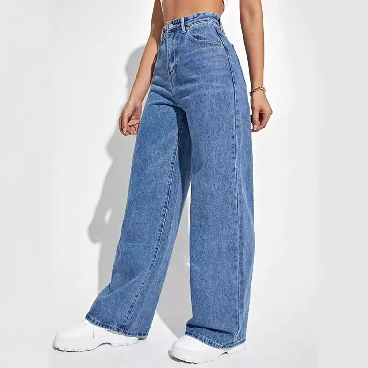 calças femininas  jeans de corte direto, cintura média