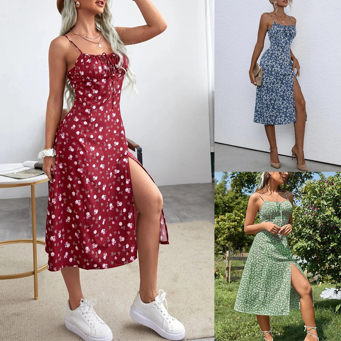 Vestido feminino modelo camponesa,  modelo tendência Floral alça fina detalhes em fenda super confortável e casual .