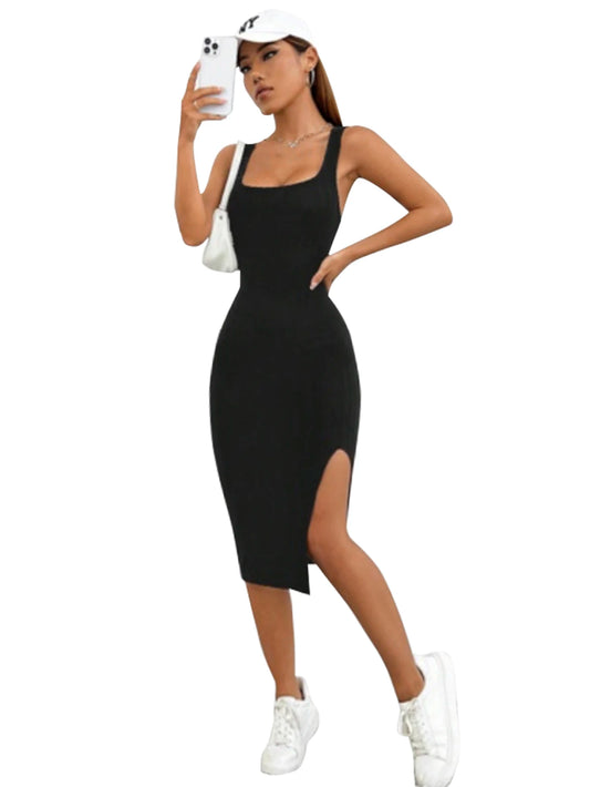 Vestido feminino  modelo justo ao corpo  detalhes em fenda na lateral modelo Midi sexy .