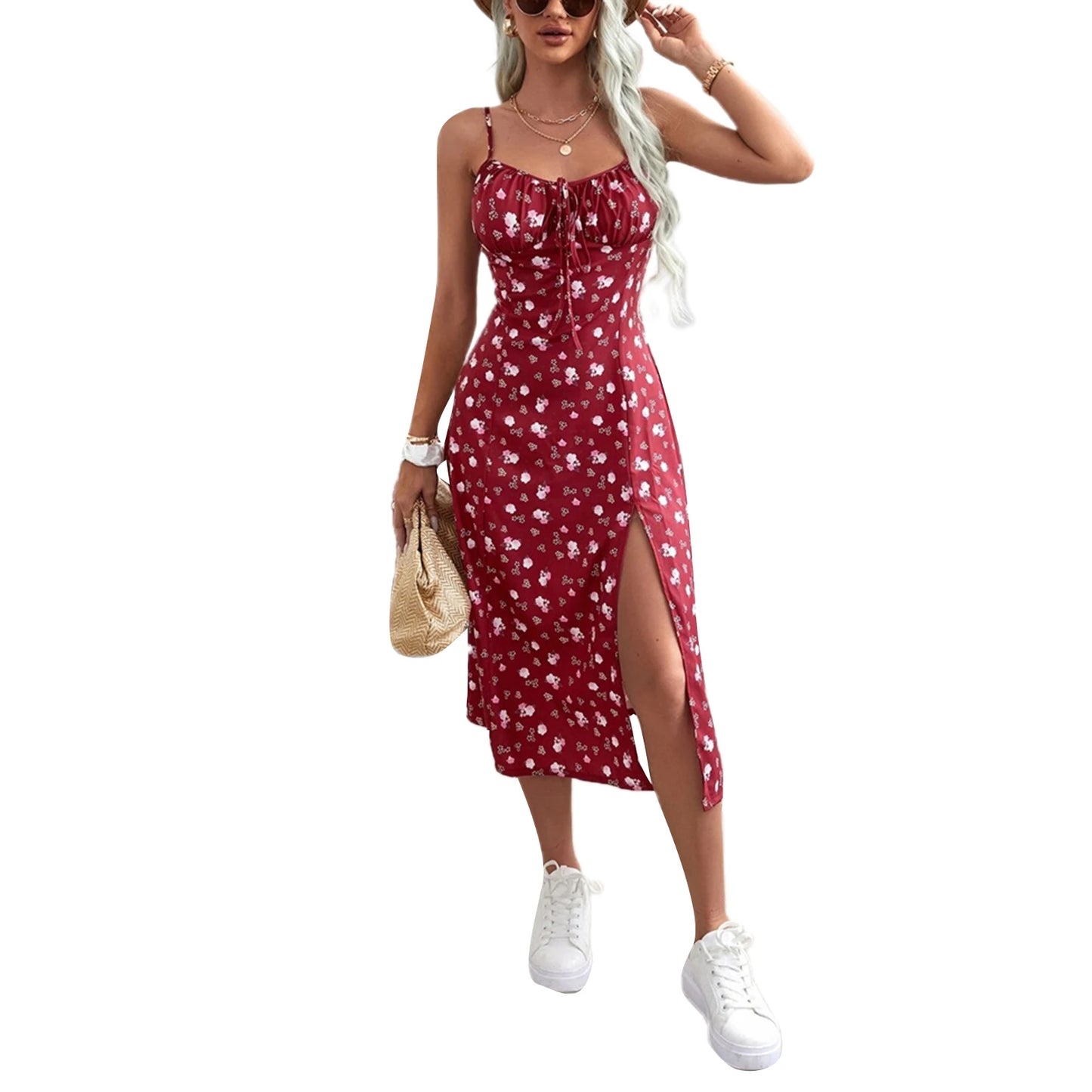 Vestido feminino modelo camponesa,  modelo tendência Floral alça fina detalhes em fenda super confortável e casual .