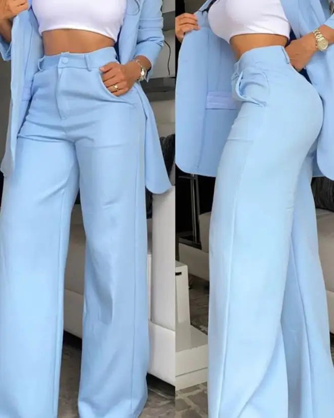 conjunto blazer, cores da nova estação   primavera /verão Elegante  com  lapela  Blazer manga comprida com bolso e  botões  calça modelo pantalona .