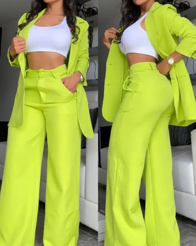 conjunto blazer, cores da nova estação   primavera /verão Elegante  com  lapela  Blazer manga comprida com bolso e  botões  calça modelo pantalona .