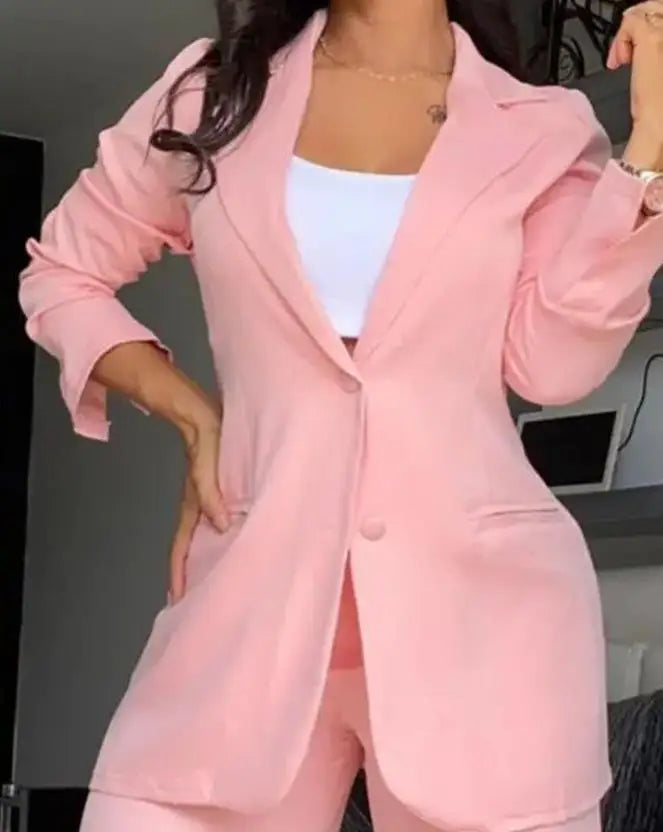 conjunto blazer, cores da nova estação   primavera /verão Elegante  com  lapela  Blazer manga comprida com bolso e  botões  calça modelo pantalona .