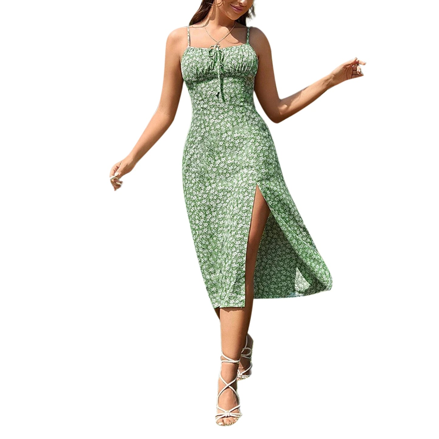 Vestido feminino modelo camponesa,  modelo tendência Floral alça fina detalhes em fenda super confortável e casual .