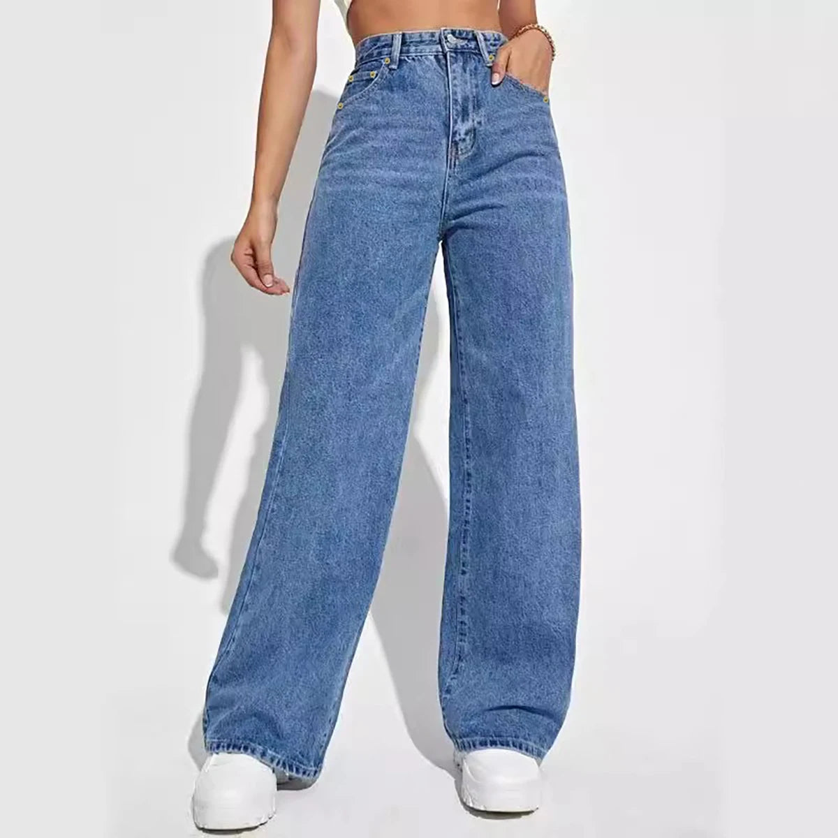 calças femininas  jeans de corte direto, cintura média