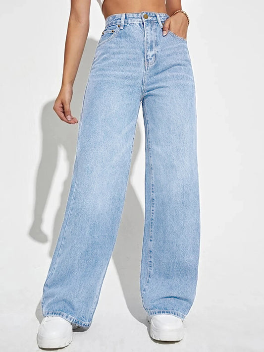 calças femininas  jeans de corte direto, cintura média