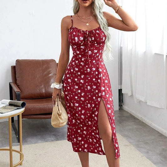 Vestido feminino modelo camponesa,  modelo tendência Floral alça fina detalhes em fenda super confortável e casual .