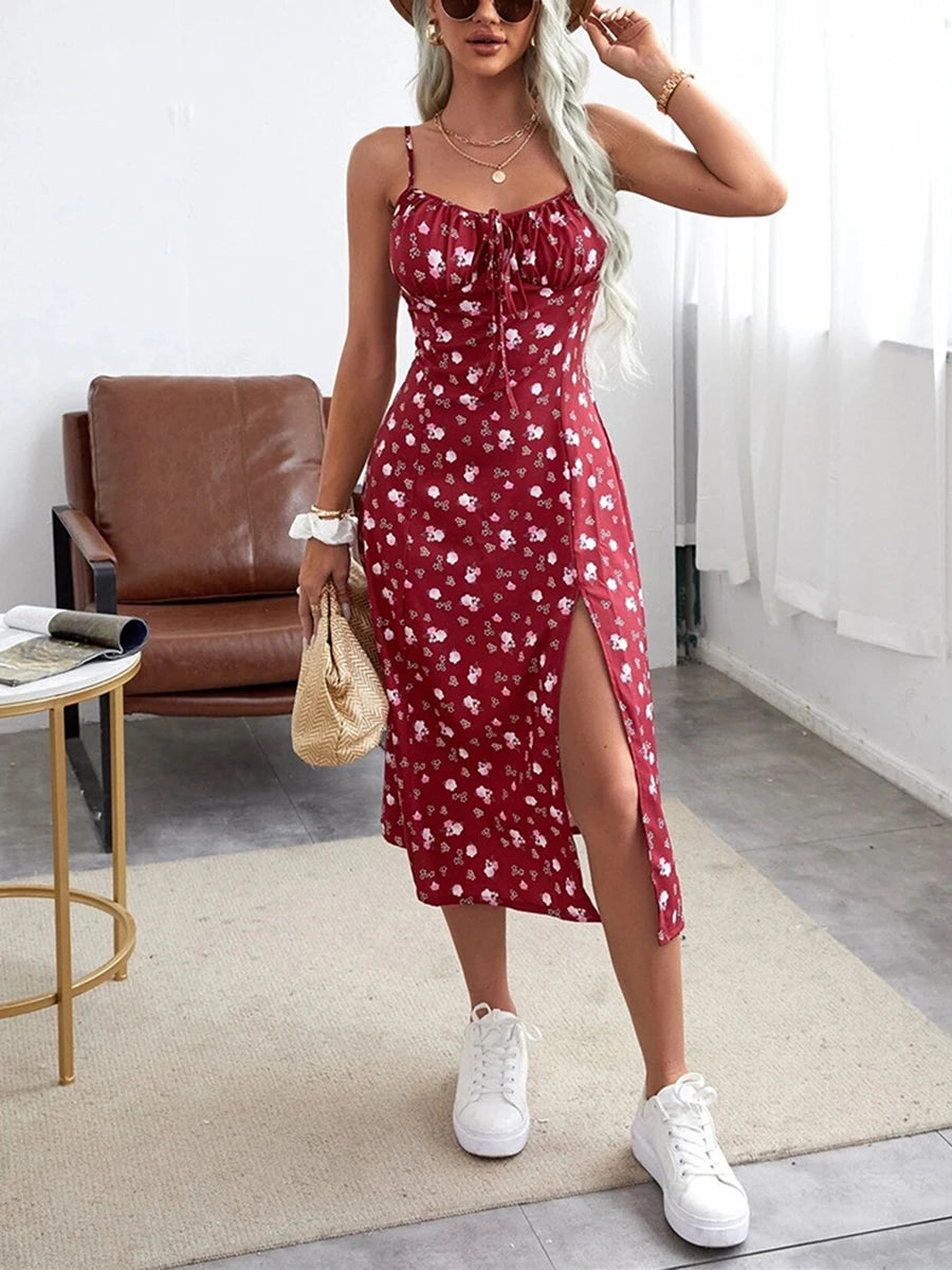 Vestido feminino modelo camponesa,  modelo tendência Floral alça fina detalhes em fenda super confortável e casual .