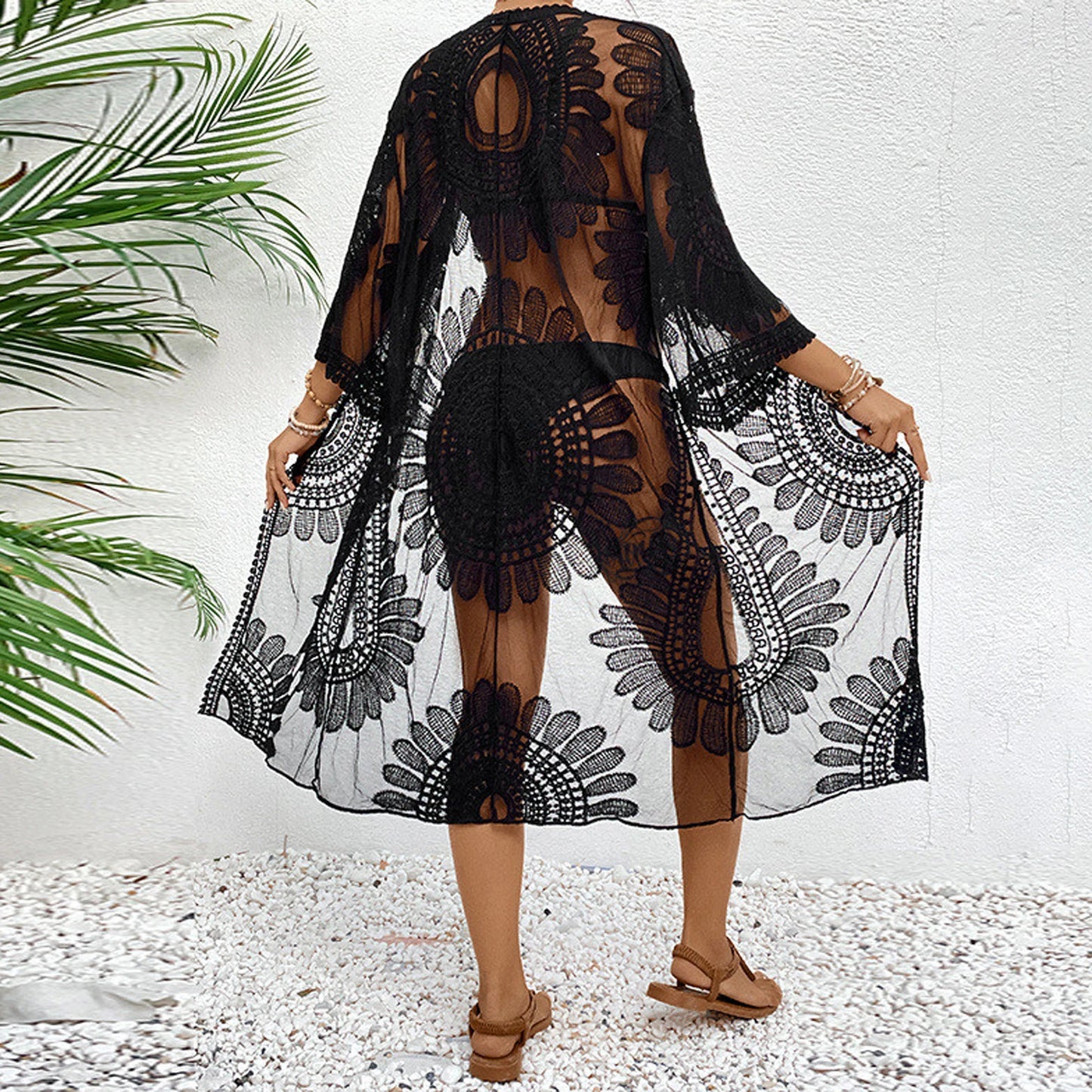 Saída de praia de praia de renda transparente com bordado floral e kimono