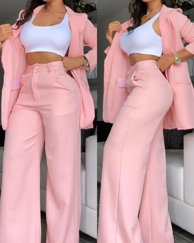 conjunto blazer, cores da nova estação   primavera /verão Elegante  com  lapela  Blazer manga comprida com bolso e  botões  calça modelo pantalona .