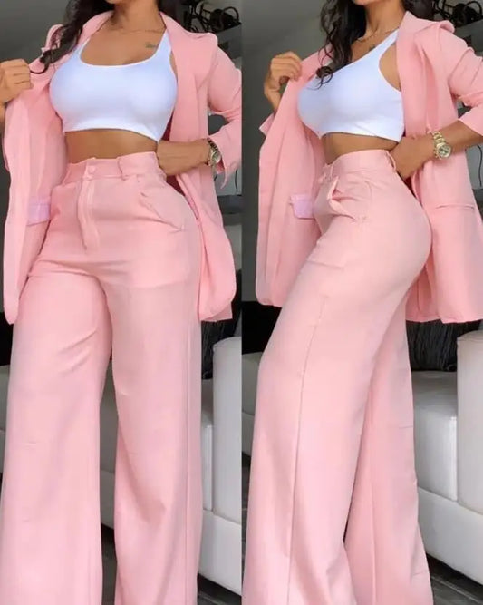 conjunto blazer, cores da nova estação   primavera /verão Elegante  com  lapela  Blazer manga comprida com bolso e  botões  calça modelo pantalona .